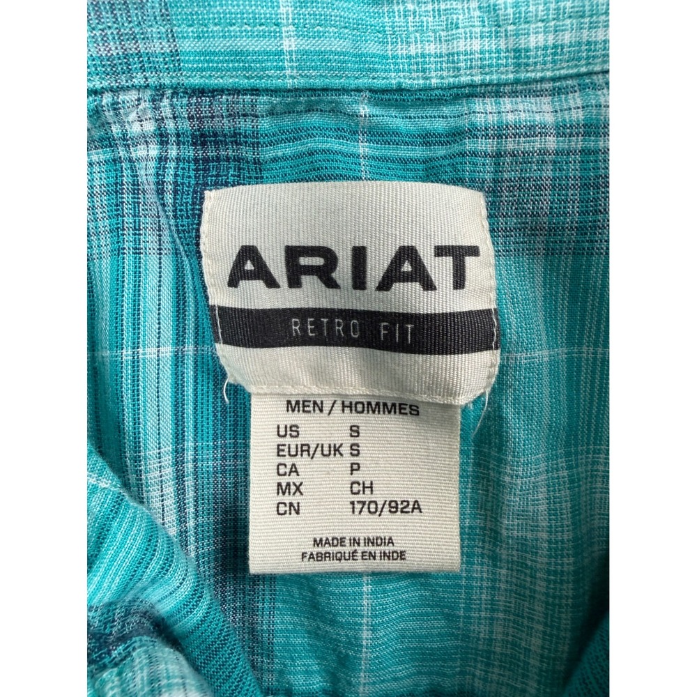 Ariat Mens Retro Fit Western Pearl Snap Shirt Teal Plaid Short Sleeve Small - Picture 5 of 6